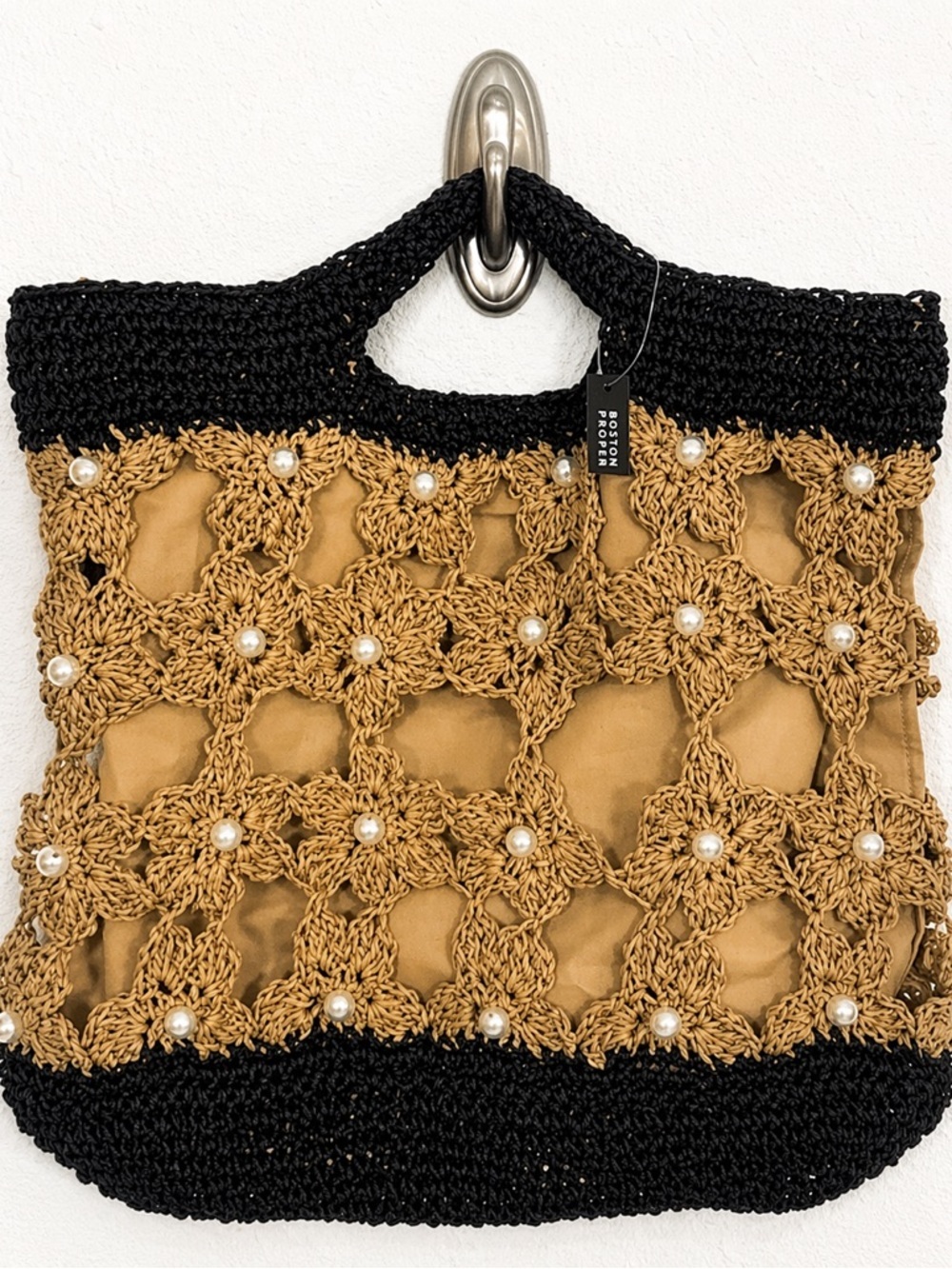 NWT Boston Proper Pearl Floral Raffia Crochet Bag Bohemian Coastal Chic Resort